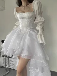 2026 Summer Pure Color Fairy Midi Dress Women White Elegant Evening Party Dress Beach Casual Long Sleeve Korean Fashion Dress
