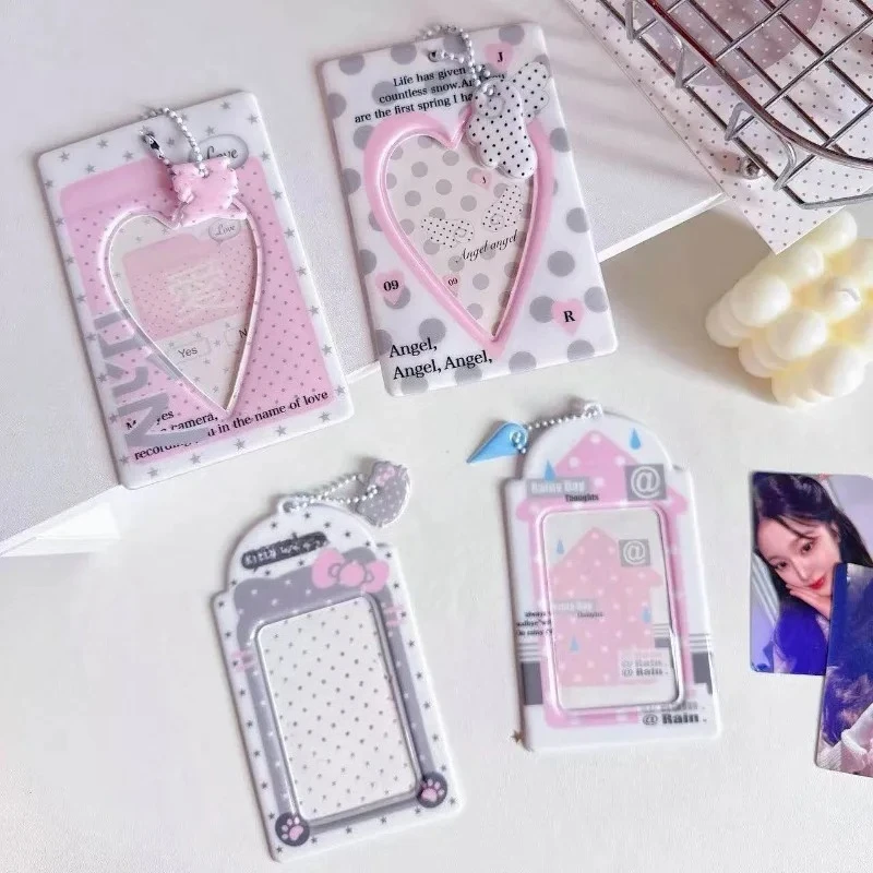 Cute Polka Dot PVC Photo Frame Heart Card Case for Inch Kpop Card School ID Bank Card Cover with Bead Chain Pendant Wholesales