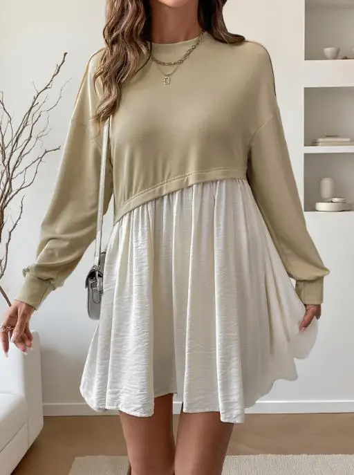 

Autumn Sweet Casual Lazy Style Round Neck Long Sleeved Color Blocked Loose Dress for Women Elegant and Fashionable Loose Dress