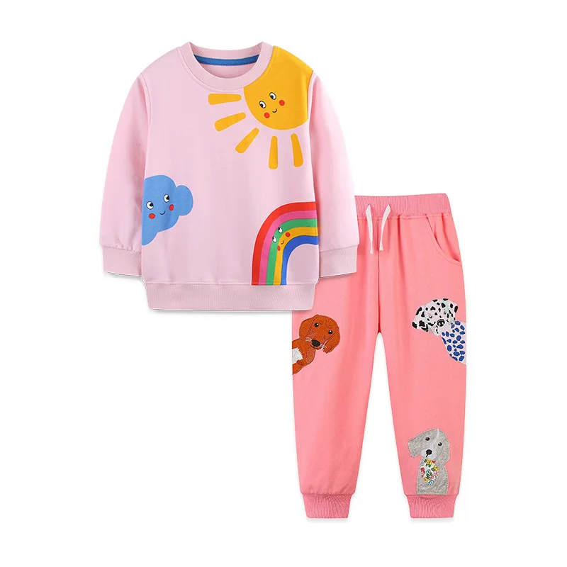 100% Cotton Toddler Girls Clothes Set Sun Cloud Rainbow Sweatshirt Cartoon Puppy Embroidery Elastic Jogging Pants Kids Tracksuit