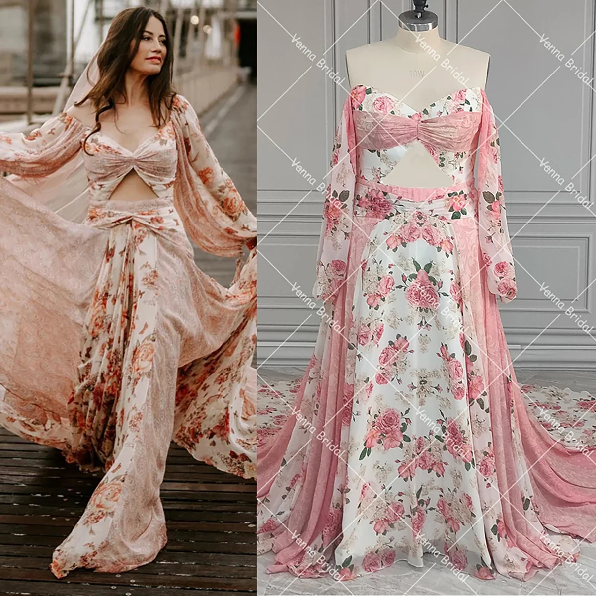 Long Puffy Sleeves Floral Print Ruched Chiffon Wedding Dress Customized Low Cutout Pink Boho Styled Shoot Bohemian Bridal Gowns