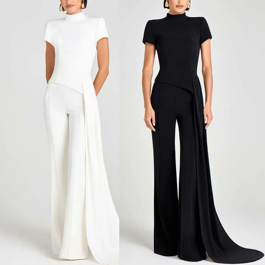 

Autumn Winter New Short Sleeve T Shirt Top High Neck Fashion & Casual Party Long Pants Two-Piece Set Women