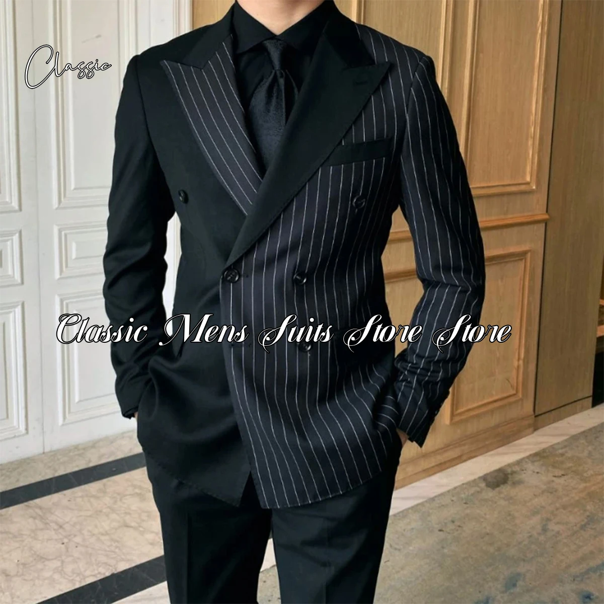 Fashion Ltalian Double Breasted Stripe Men Suits Prom Wedding Custom Groom Tuxedos Slim Fit 2 Piece Pinstripe Mens Clothing 2024