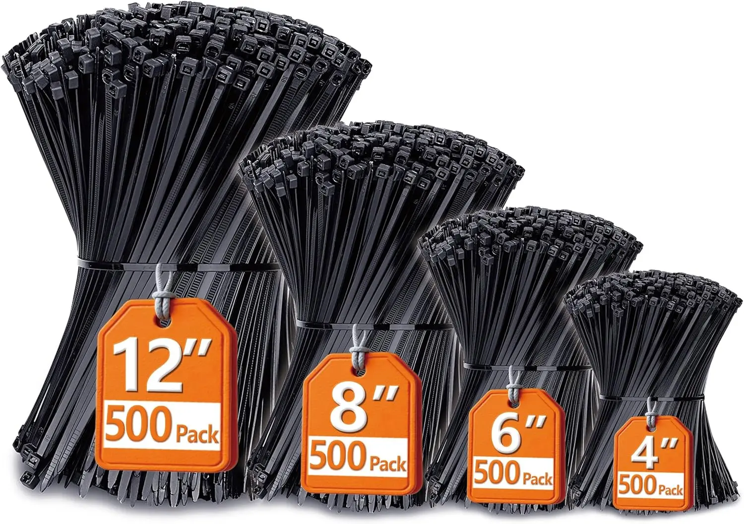 

2000 Pack Black Cable Ties, 4 Sizes (4-12 inch), UV Resistant, Heavy Duty Wire Ties