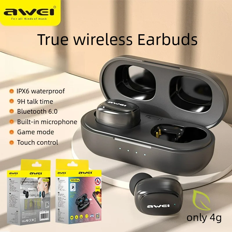 Awei T13 Pro TWS Earbuds IPX6 Ergonomic Fit Running Gym Bluetooth 6.0 In-Ear Earphones Game Mode Low Latency 9H Talk Time Type-C