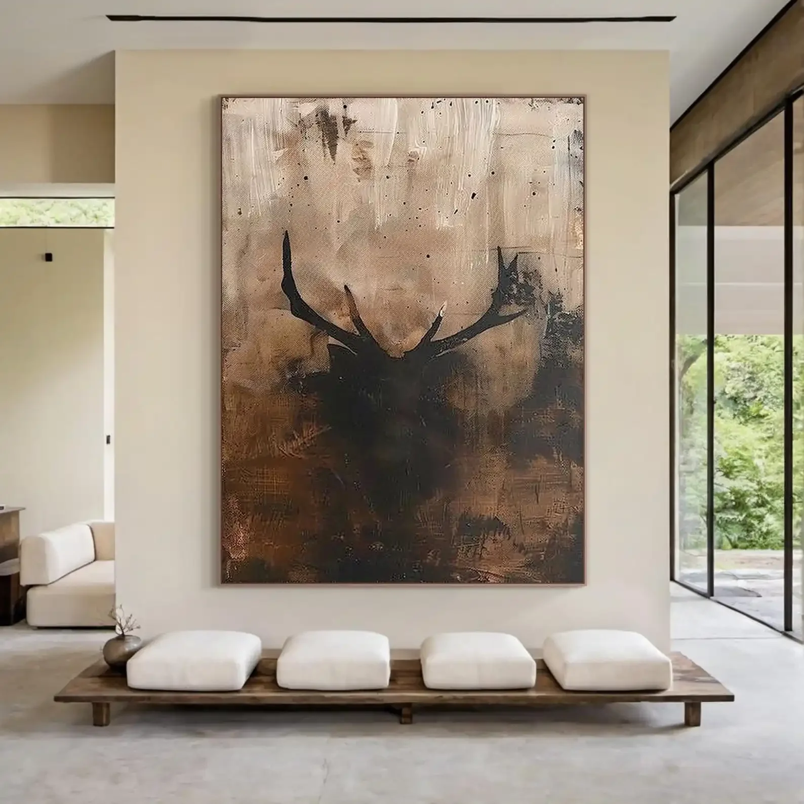 Frameless Canvas Painting Mhemyo Large Abstract Hand Painted Deer Oil Painting Modern Brown Black Textured Wall Art Minimalist W