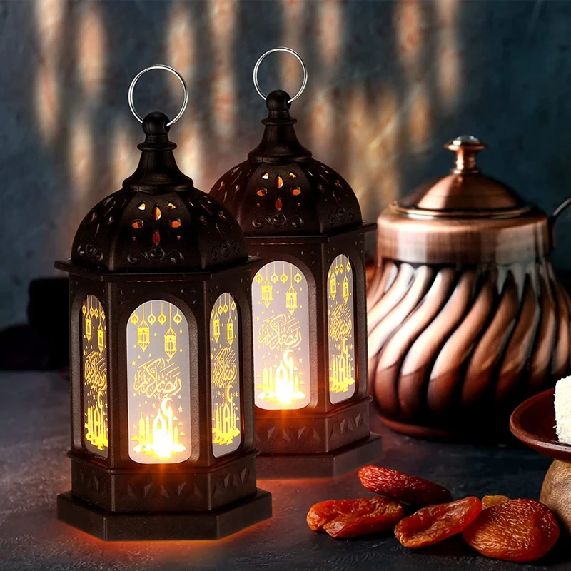 12Pcs Mini Ramadan Candle Mubarak Lantern LED Eid Mubarak Lantern Moon Star Lights Moroccan Style Hanging Lantern B