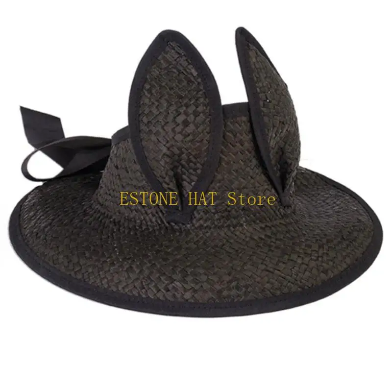 49MF Straw Sunhat Girls Adjustable Sun for Protection Cooling for Summertime with Bunny Ears & Adjustable Fixing Strap