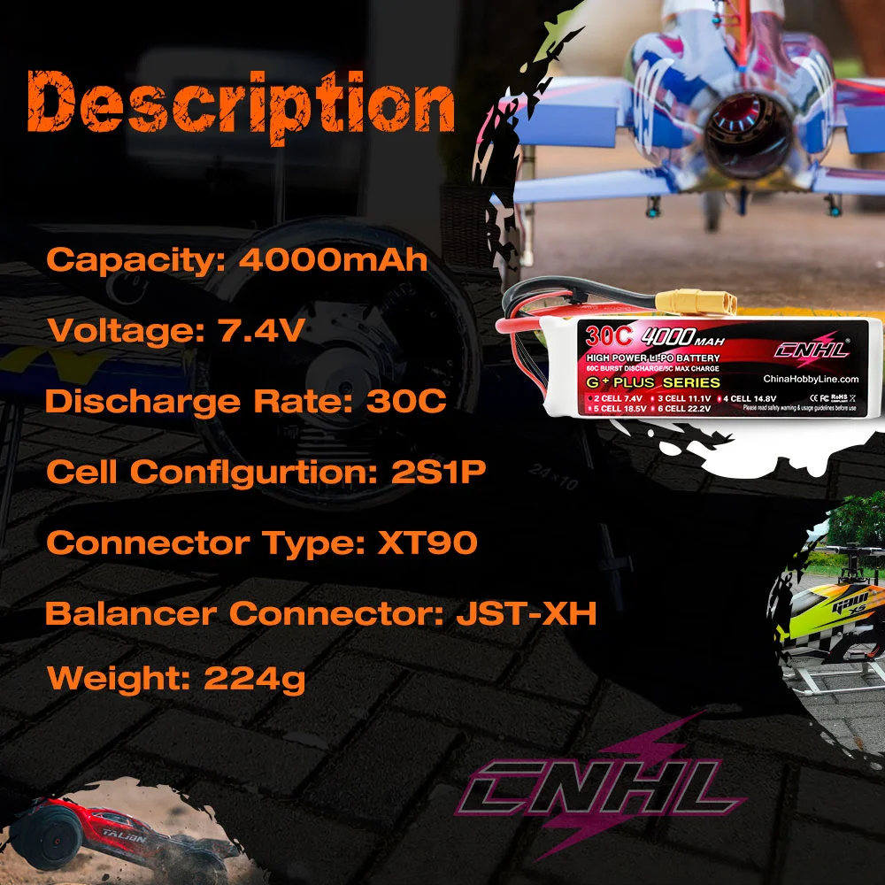 CNHL Lipo 7.4V 2S Battery 4000mAh 30C With XT90 Plug For Airplane Helicopter Quadcopter RC Car Boat Drone Speedrun Truck Truggy