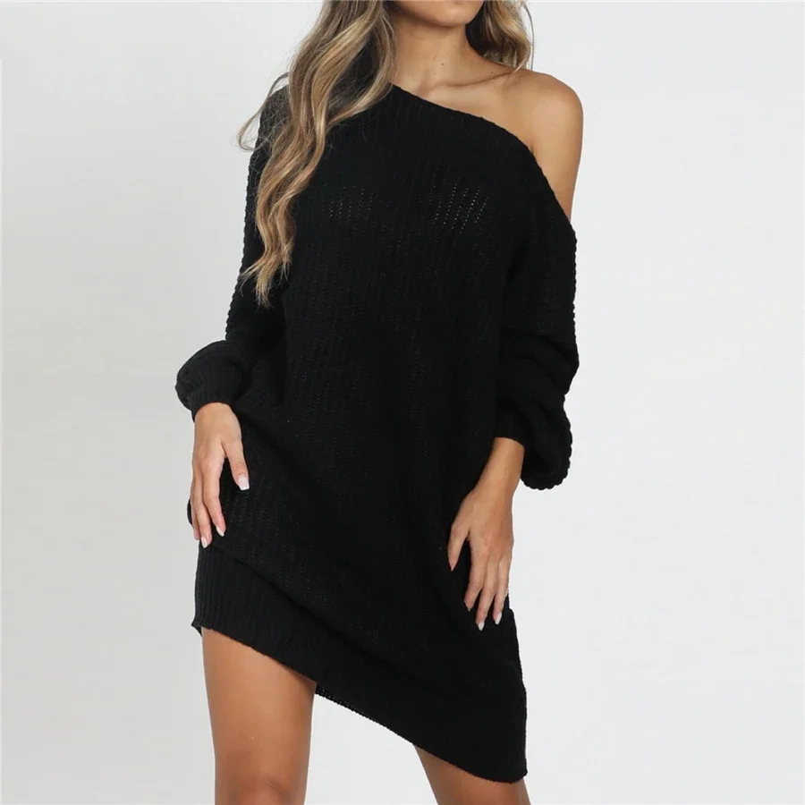 Knitted Sweater Dresses For Women Autumn Winter Loose Off Strapless Female Christmas Party Dresses