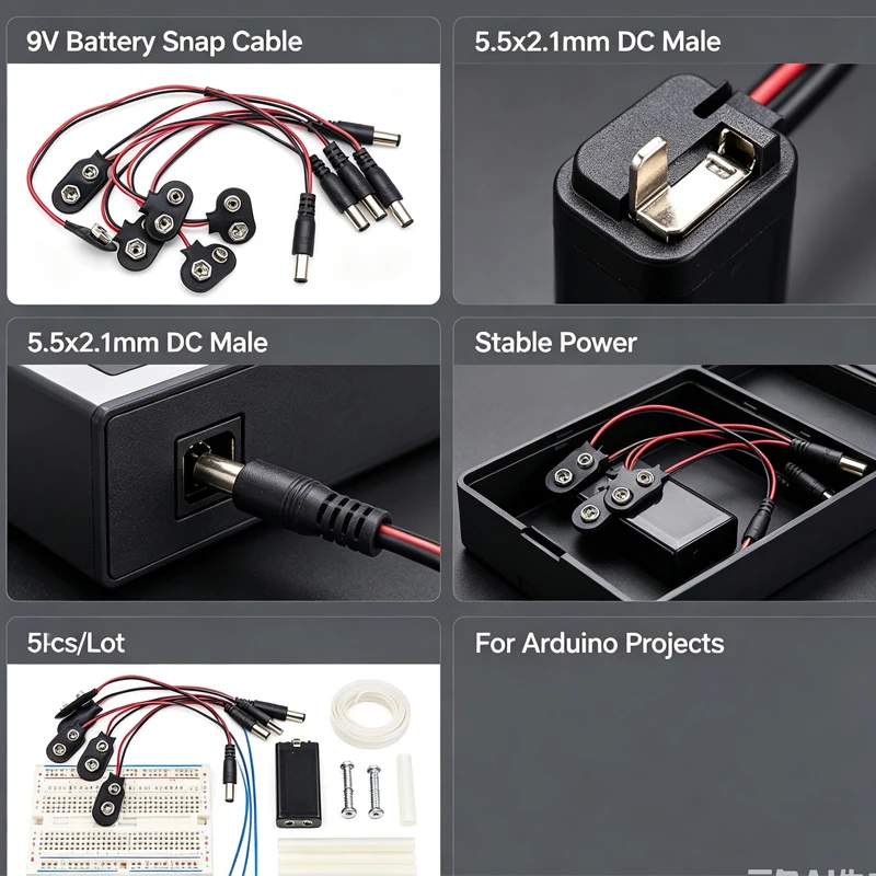5Pcs 9V Battery Snap Power Cable with 5.5x2.1mm DC Male Plug, 9V Battery Clip Adapter Wire for Arduino Uno R3 Electronic DIY Exp