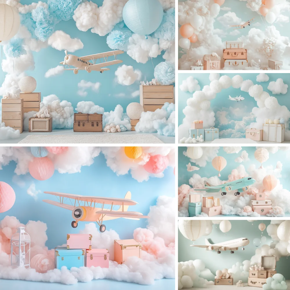 Cartoon Airplane Cloud Travelling Birthday Party Backdrop Aircraft Photography Background Supplies Baby Shower Banner Decor Prop