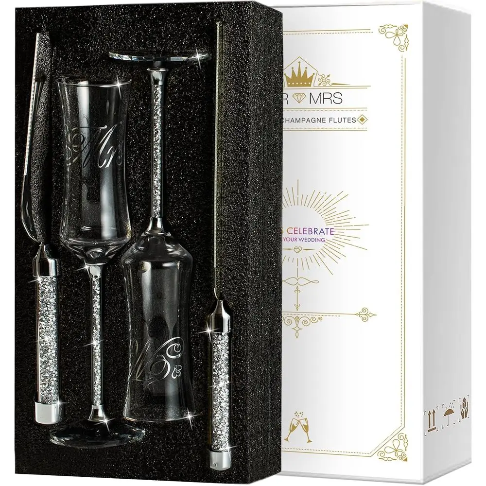 

Wedding Champagne Flutes and Cake Serving Set, Mr. & Mrs. Champagne Flutes, Bride & Groom Champagne Glasses, Wedding Gifts