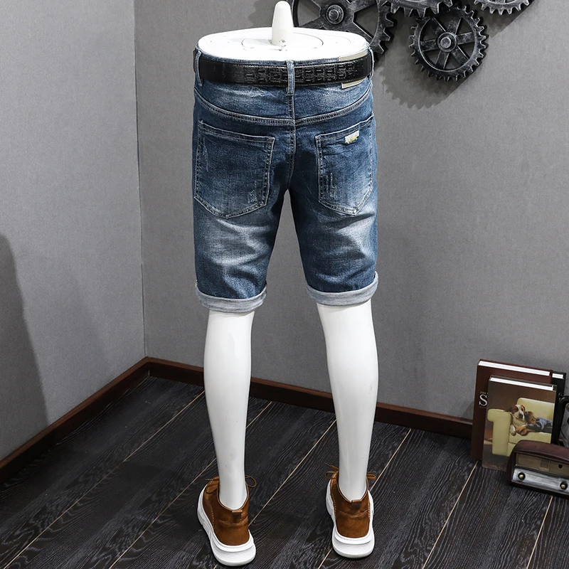2024New Fashion Nostalgic Ripped Denim Shorts Men's Trendy Summer Slim Fit StretchinsTrendy Cropped Pants