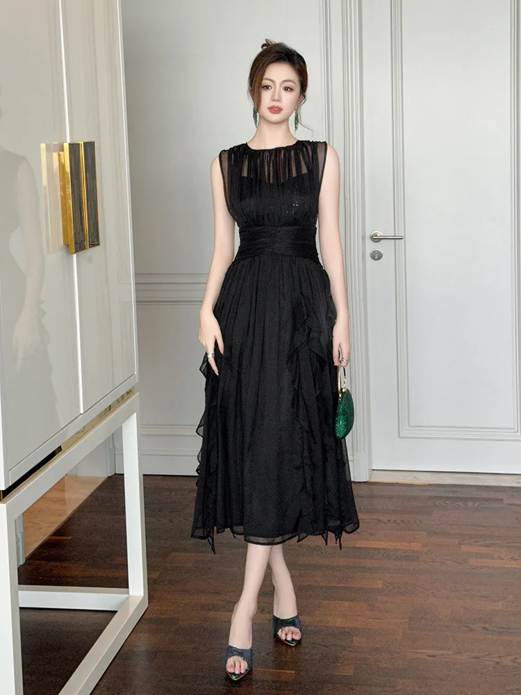 

Coigarsam Women's Dress Summer New Office Lady French Style Solid Chiffon Zipper O-Neck Folds Black Dresses