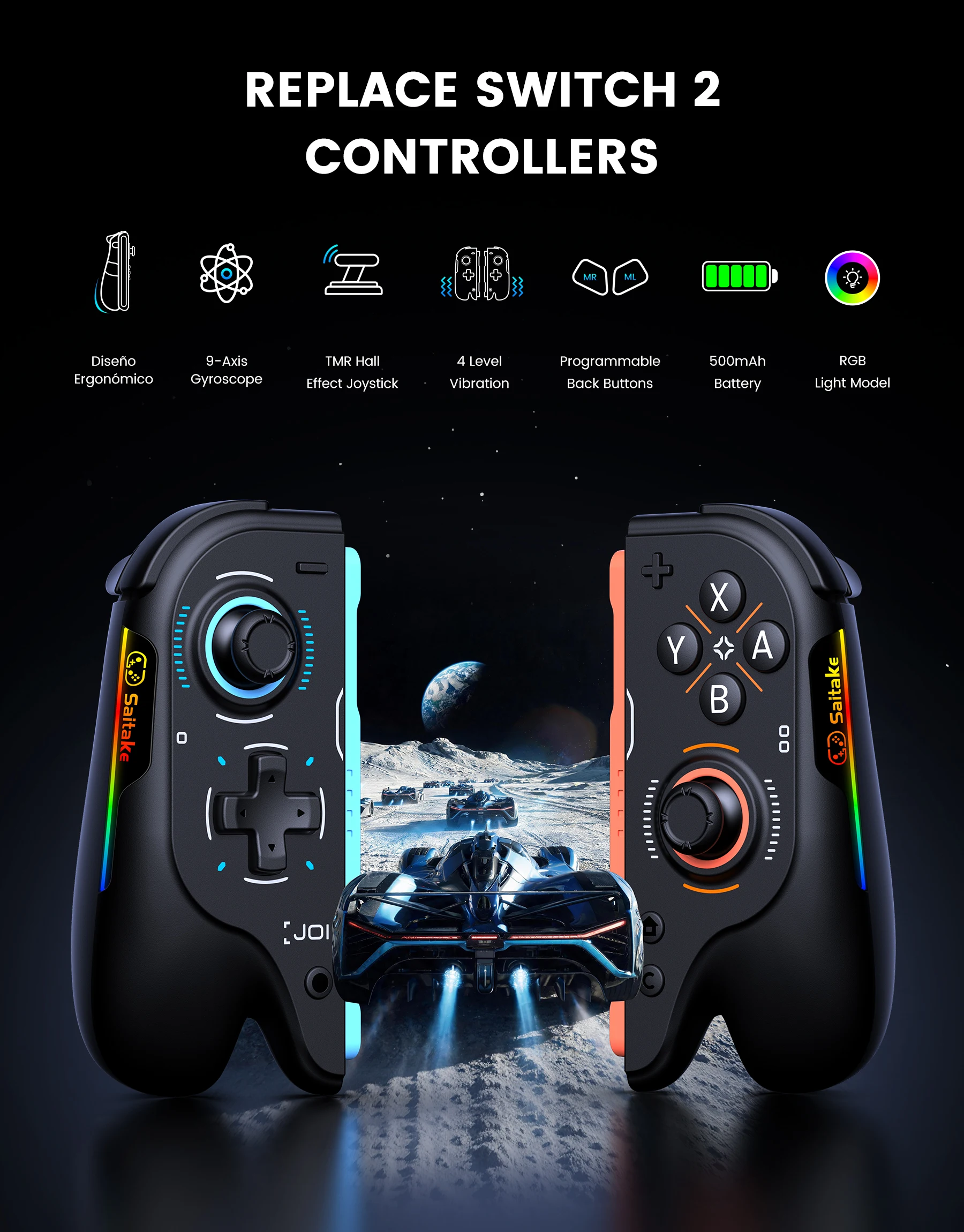 DinoFire Wireless Gamepad for Switch2 Hall effect TMR joystick 4 Vibration Levels Back Macro with dual 500mAh Battery