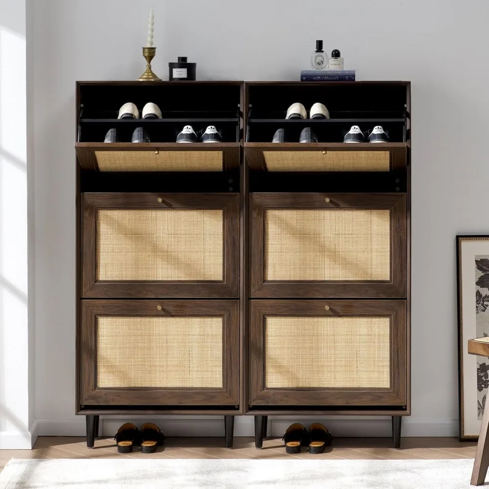 

Natural Rattan Shoe Cabinet with Flip Drawers Narrow Shoe Storage Cabinet Hidden Freestanding Shoe Rack