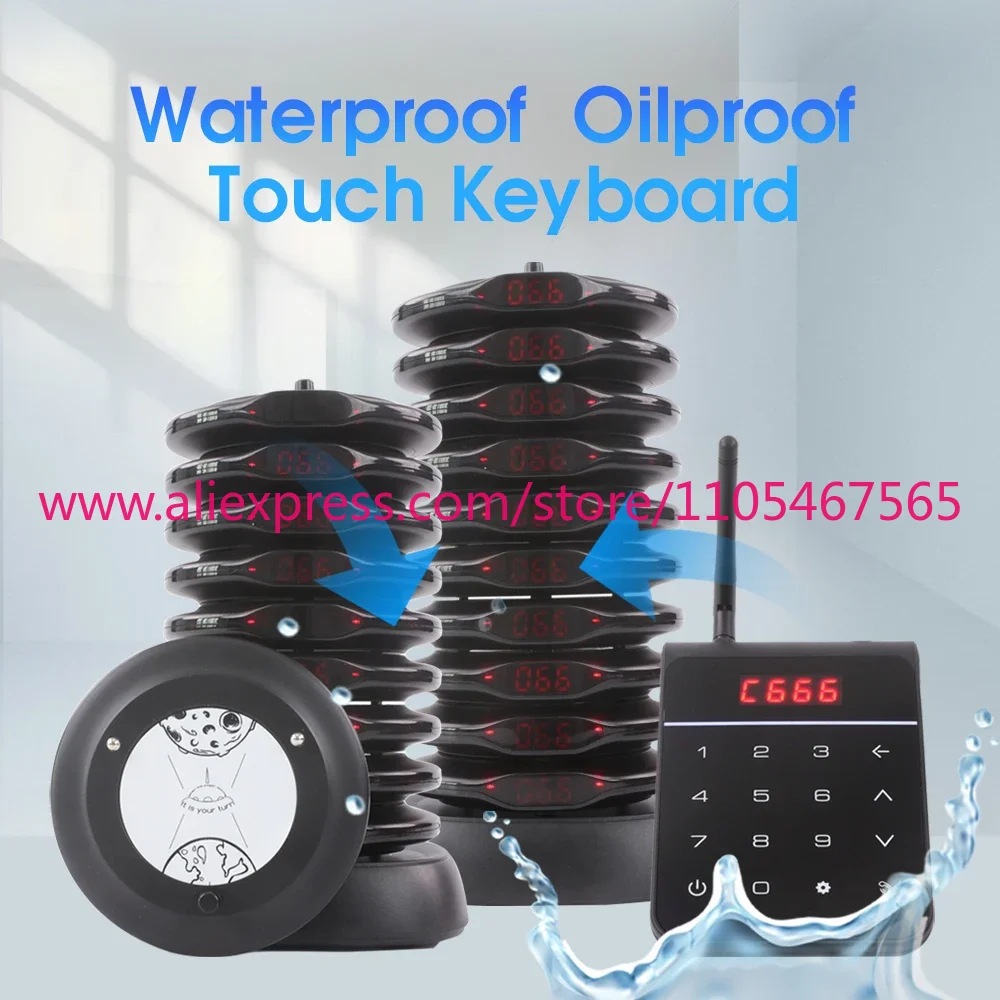 Wireless Restaurant Pager System Guest Queuing Paging System Waterproof 20 Coaster Ring Flash Vibration Food Court Cafe