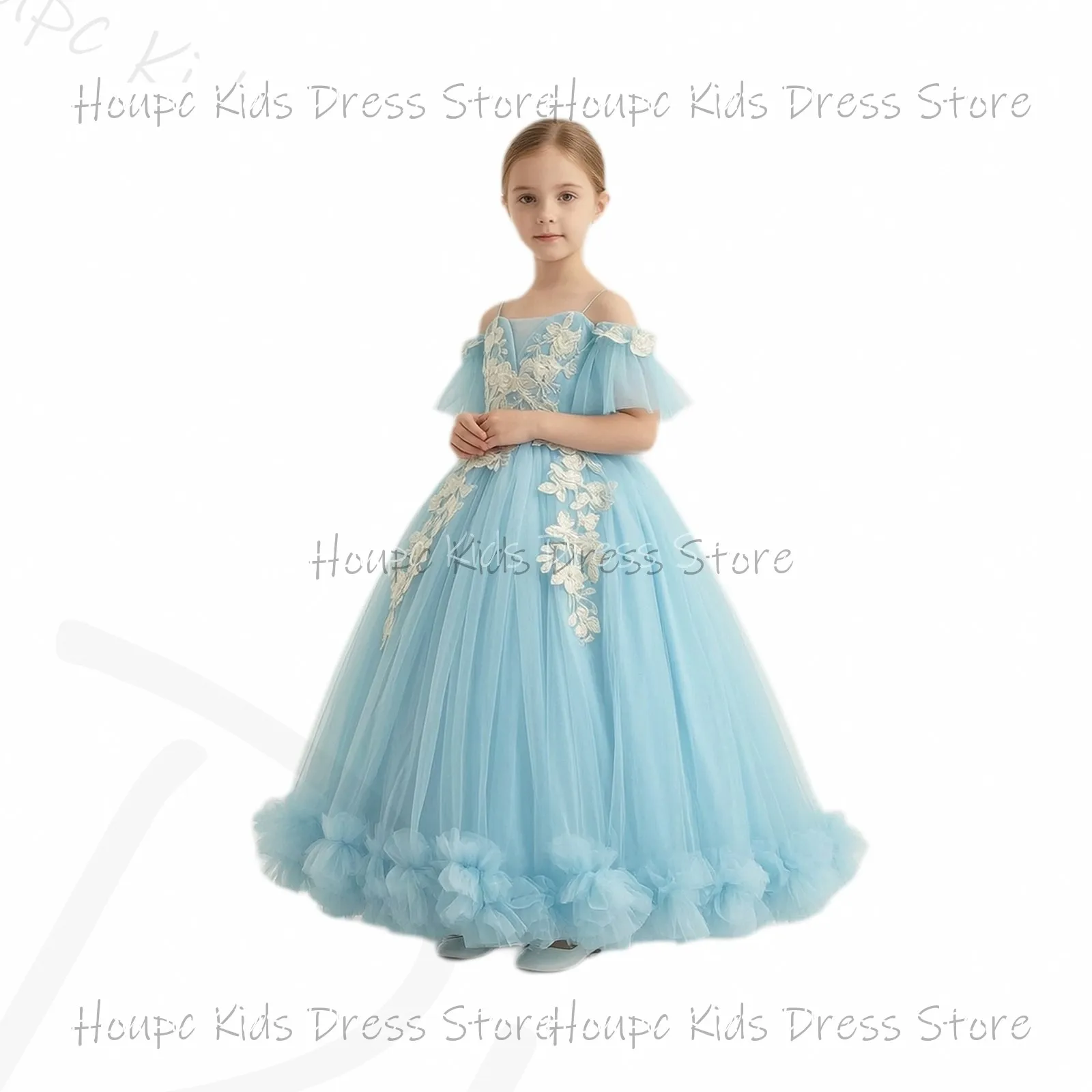 Off-Shoulder Tulle Lace Floral Applique Elegant Wedding Birthday Party Custom Flower Girl Dresses Evening Party Prom Dresses