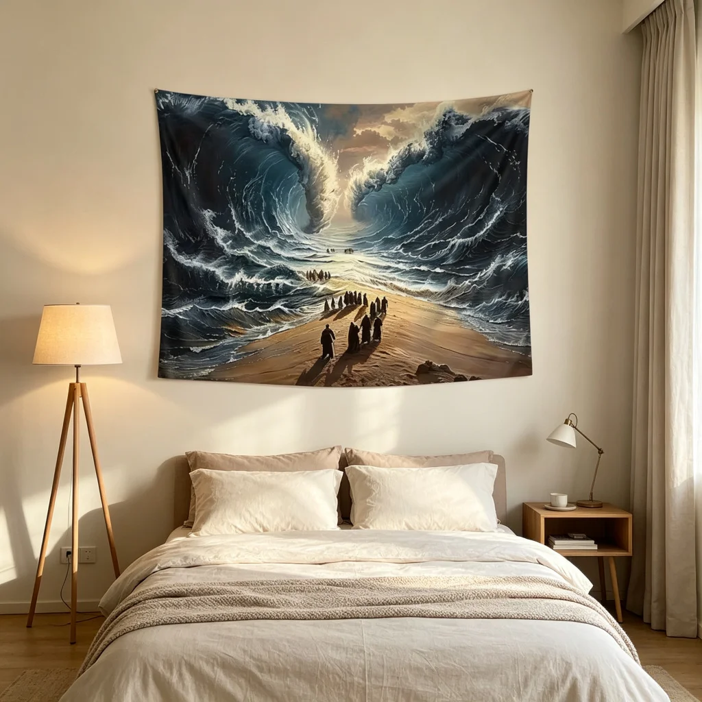 1PC Moses Parting Red Sea Print Backdrop Banner, Bedroom Photo Background, Polyester Wall Hanging, Home Decor, Wall Art