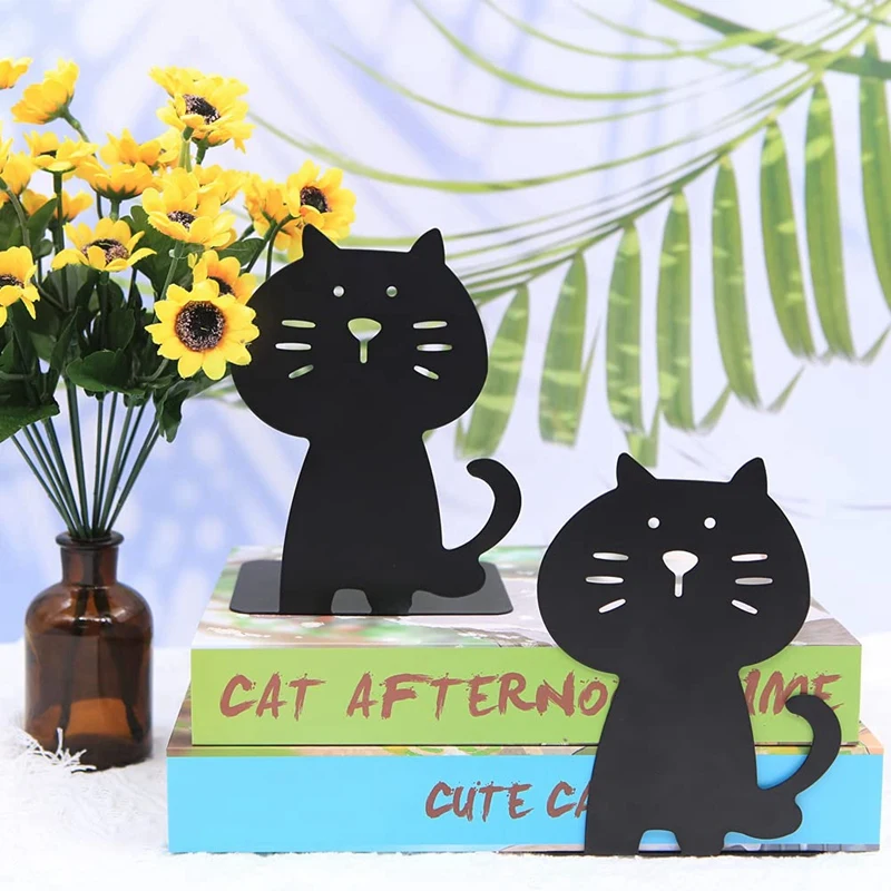 2 Pack Cat Bookends, Cute And Thickening Metal Book Organizer For Library School Office Home Study