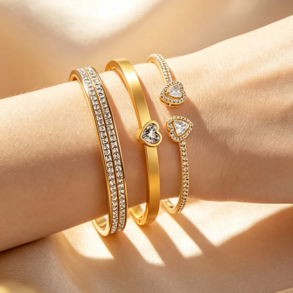 Stackable Bangle Set Heart CZ Double‑Row Pave Rhinestone Hinged Cuff Women Sweet Party Jewelry Bracelet Gift