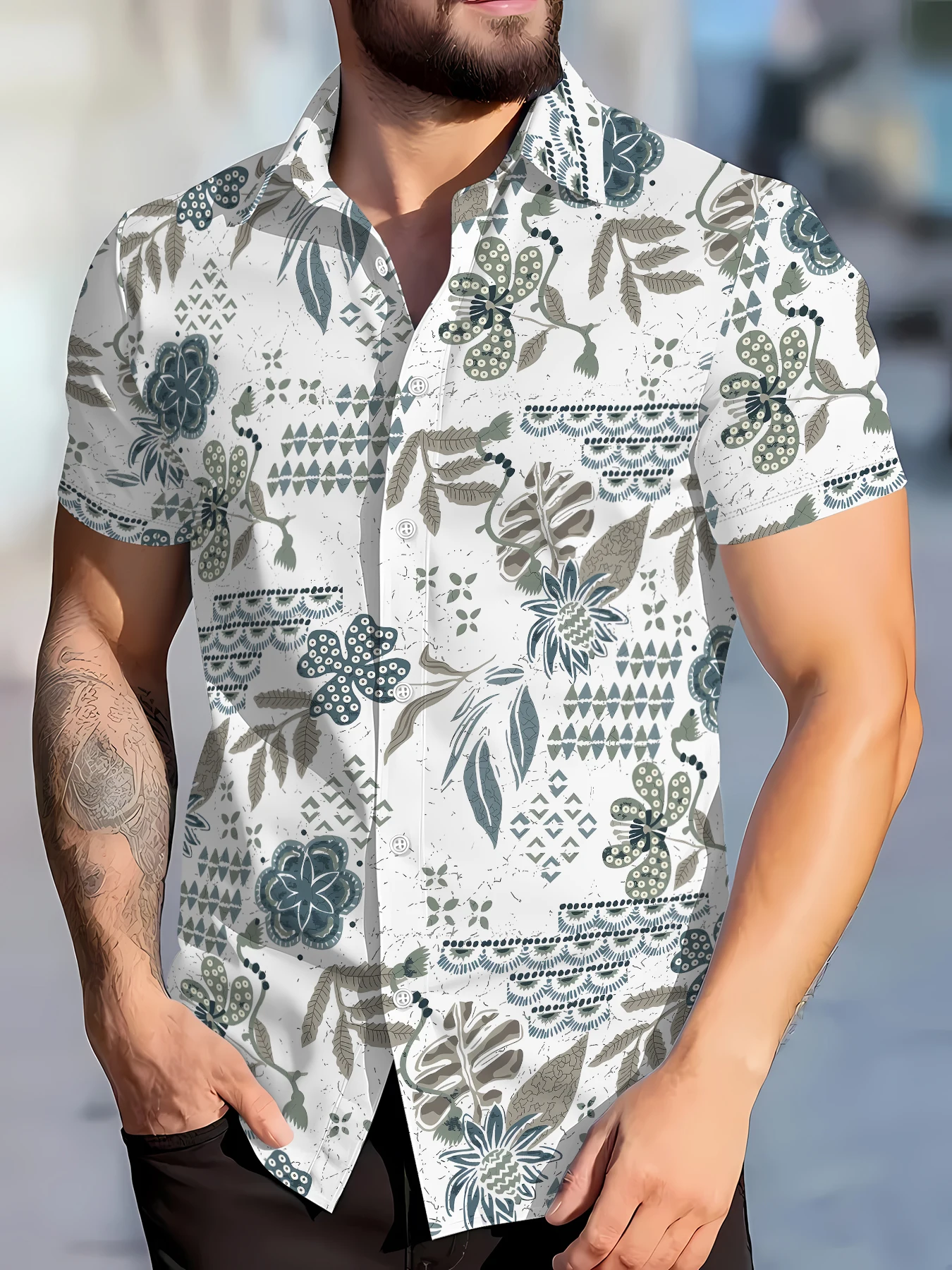 

2026 Summer New Style Men's Short-Sleeved Shirt with 3D Leaf Pattern Print for Street Casual Fashion Comfortable and Soft