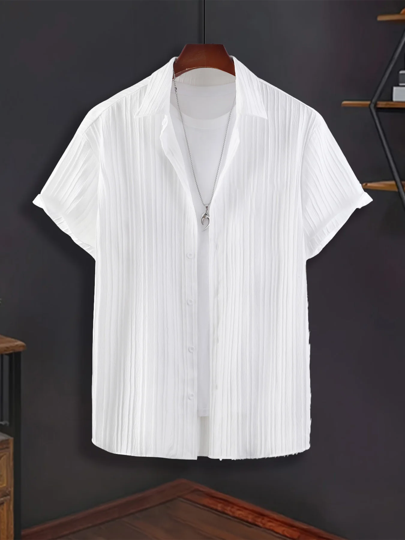 Men's White Vertical Striped Textured Short Sleeve Shirt Summer Loose Breathable Casual Top