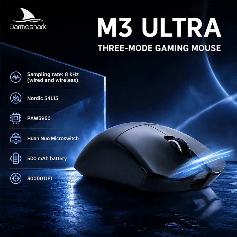 Darmoshark M3 ULTRA 3-Mode Wireless Gaming Mouse, 8kHz Polling Rate Wired/Wireless, PAW3950 N54L15, 500mAh ,30K DPI for PC Gamer
