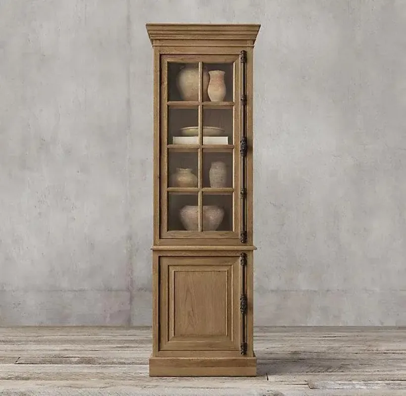 French retro solid wood dining side cabinet heaven and earth lock glass cabinet oak wardrobe storage cabinet