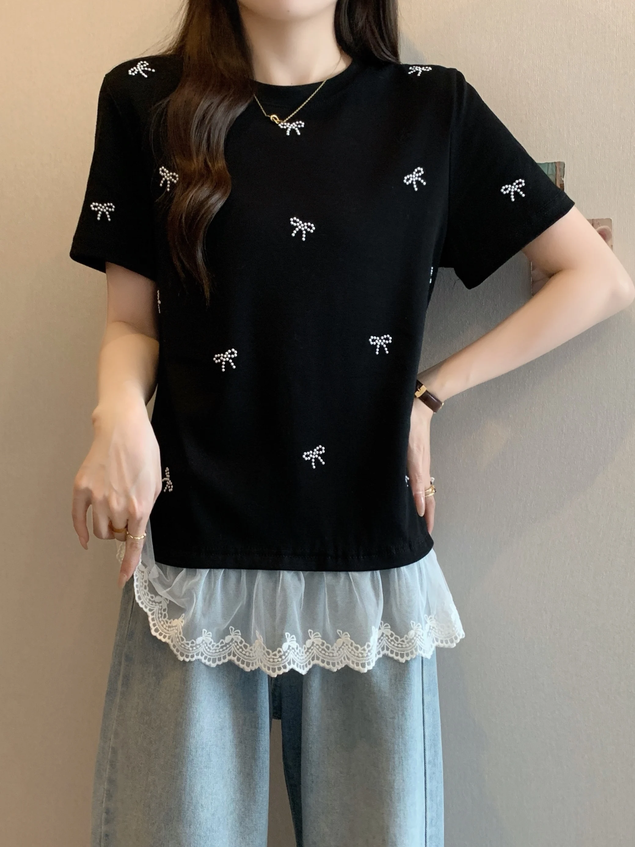 Summer  Knot Short Sleeve T-Shirt Women's Base Shirt Large Size Fat MM Design Sense Lace Splicing Top Korean Style