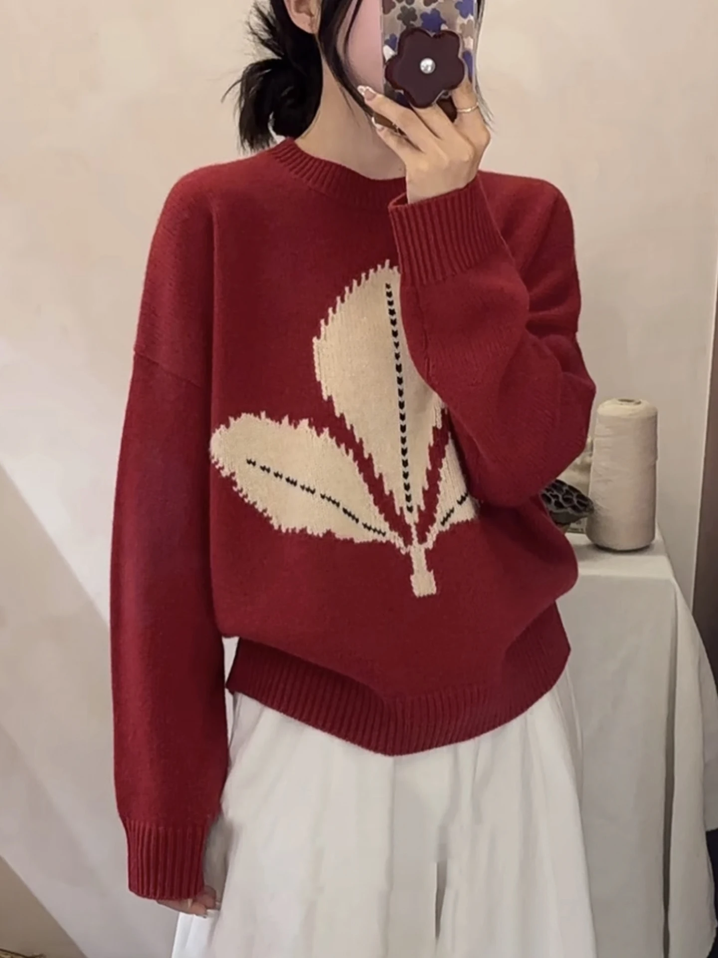 المرأة 100% ميرينو الصوف س الرقبة قاعدة متماسكة سترة ورقة الجاكار البلوز الدافئة الجلد ودية قمة المألوف الخريف الشتاء الملابس