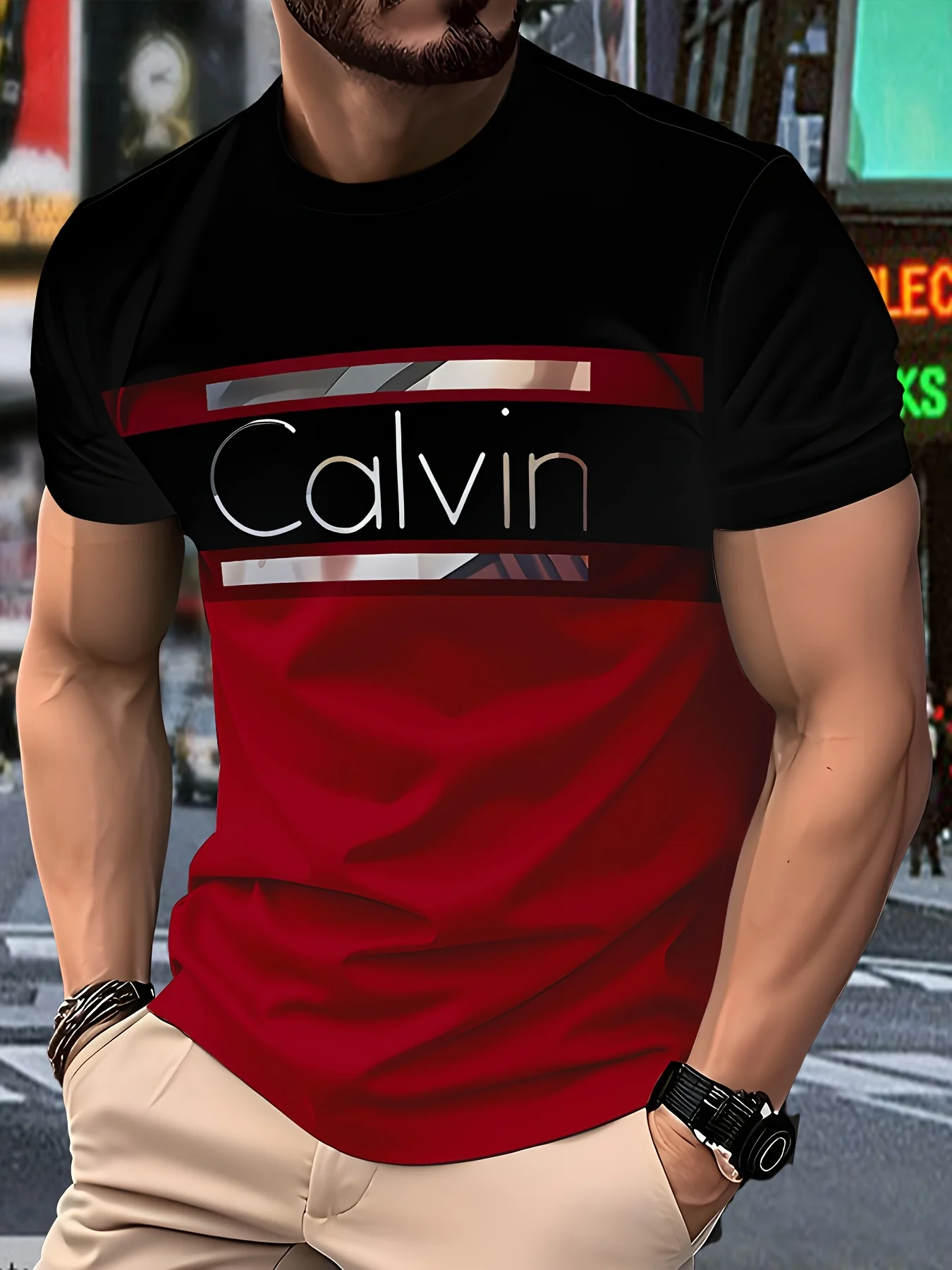 Mens Fashion Calvin Text Printed Tee, Grey White Block Gold Letter Design Short-Sleeve Crew Neck Breathable Daily T-Shirt