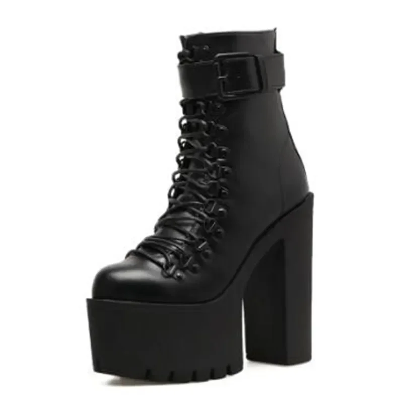 

2025 женские ботильоны на платформе и массивном высоком каблуке с пряжкой и ремешком на шнуровке с боковой молнией, мотоциклетные ботинки в стиле панк, готический стиль, Botas Mujer