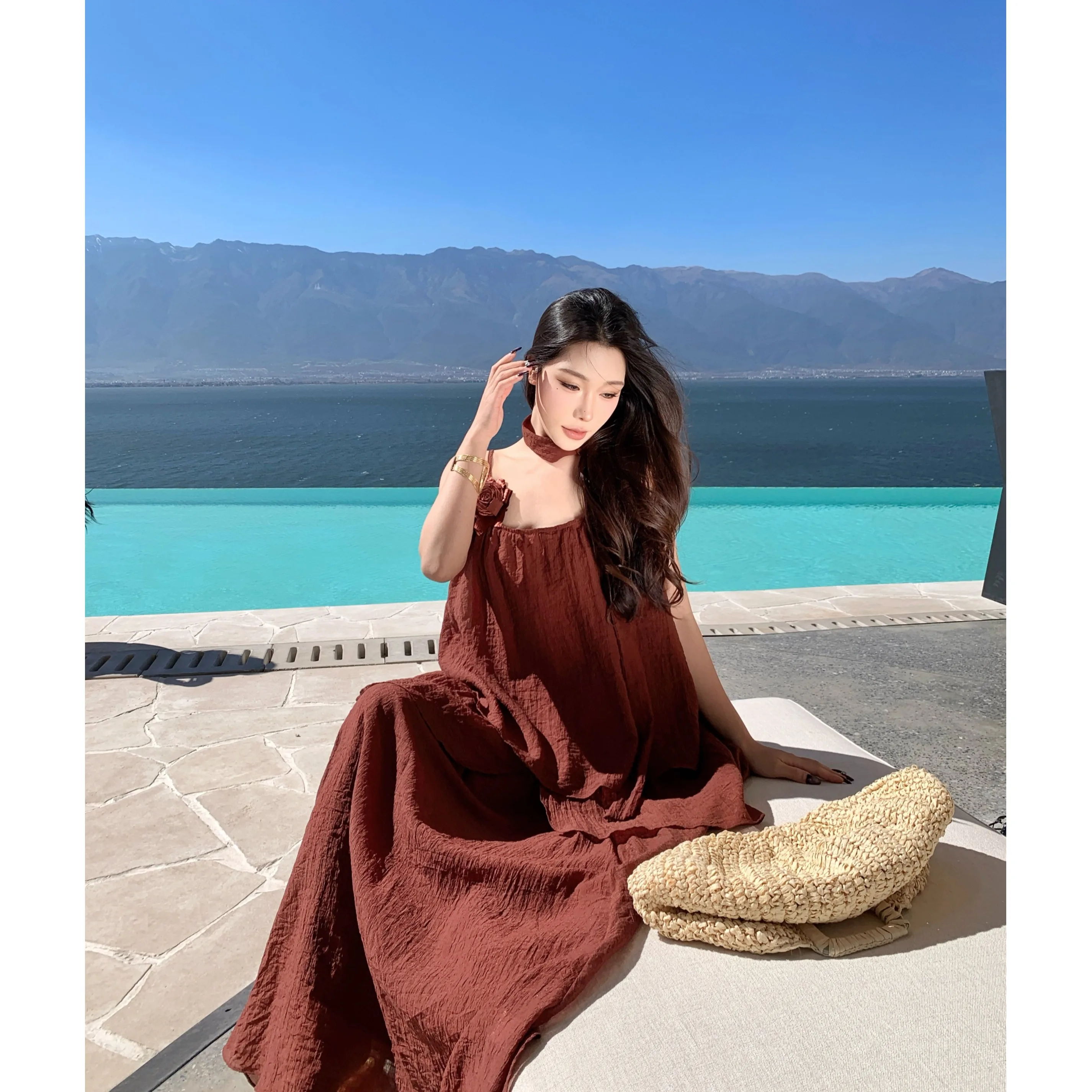 

Red Asymmetrical Loose Long Dress Set Vacation Outfit Artistic Style Women's Fashion Summer Collection round Neckline Sleeveless