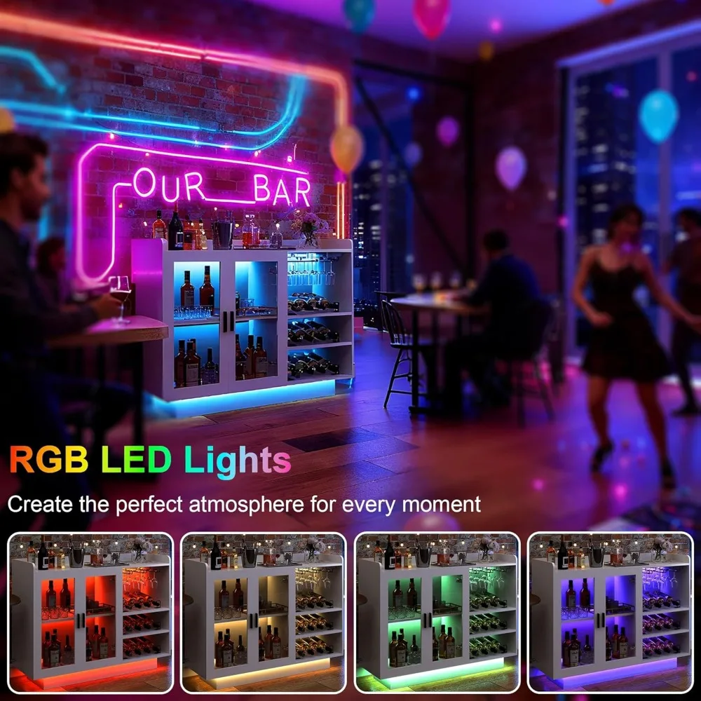 Weinbarschrank mit LED-Leuchten, 47er moderner weißer Spirituosenschrank für Zuhause mit großem Stauraum, Weinregalen und Glashol