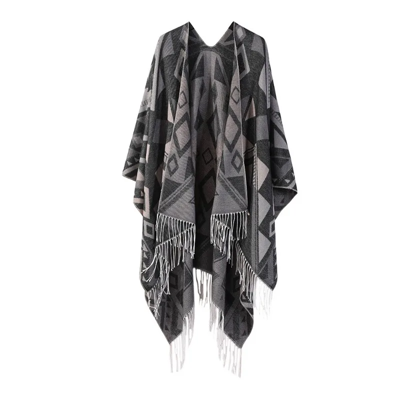 Split Style Shawl Top Imitation Cashmere Cloak Thickened Warm Cloak Geometric Fringe Scarf Fashionable Autumn Winter New