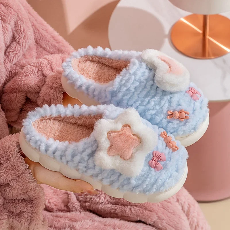 2023 new ladies cotton slippers cute stars moon cartoon thickened and piled home warm fur drag