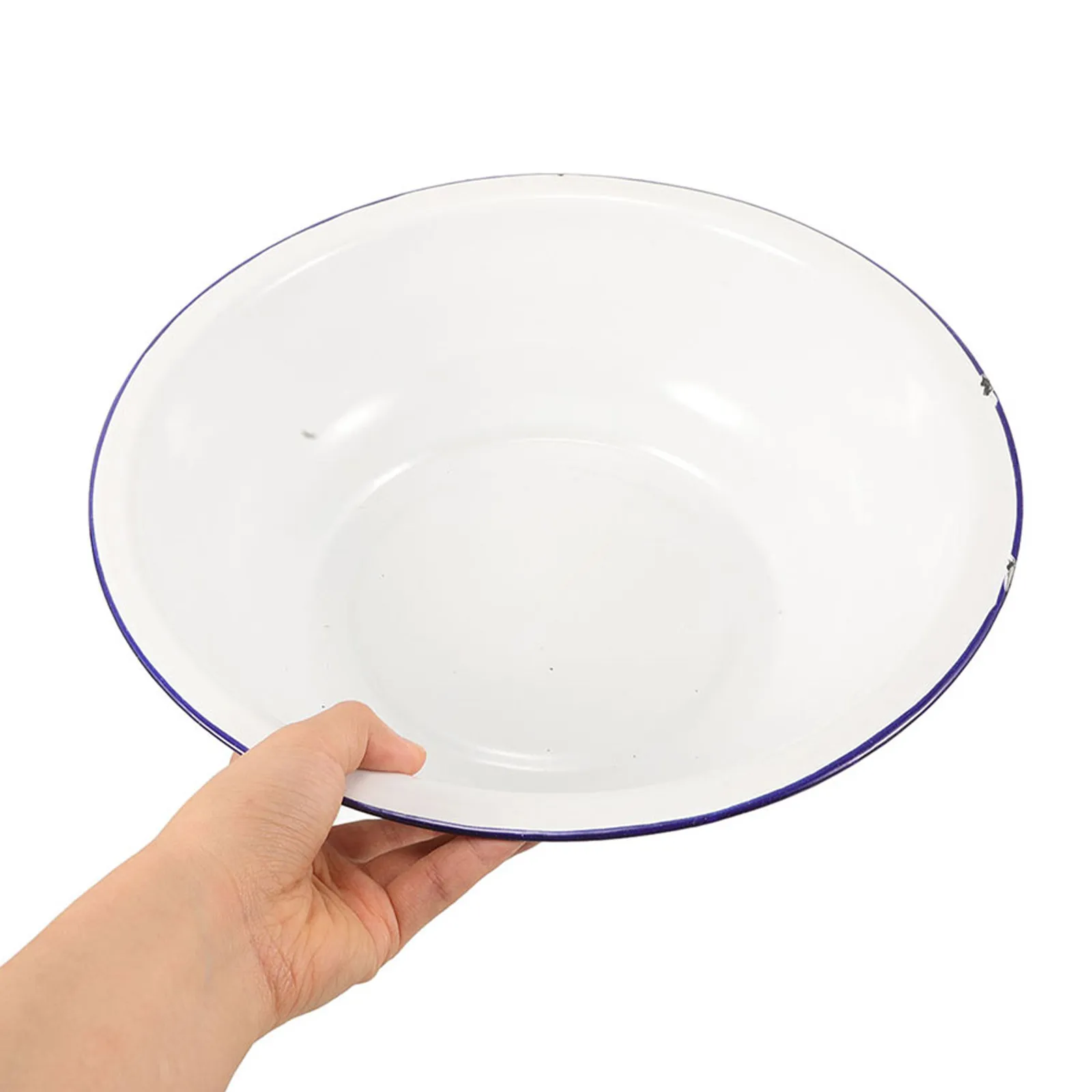 Retro Enamel Foot Bath Basin 16 Inch Large Enamelware Bowl With Blue Rim, Deep Soaking Tub For Feet Wash Basin For Pedicure