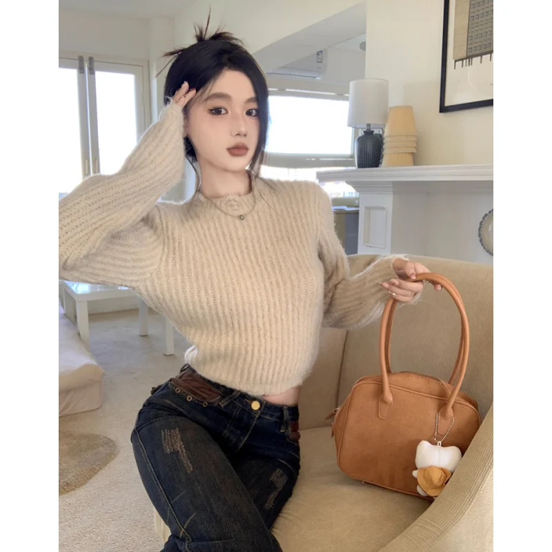 

Women's Clothing Apricot Knitting Sweater Long Sleeves Cashmere Korean Fashion Vintage Pullover 2024 Fashion Spring Tops