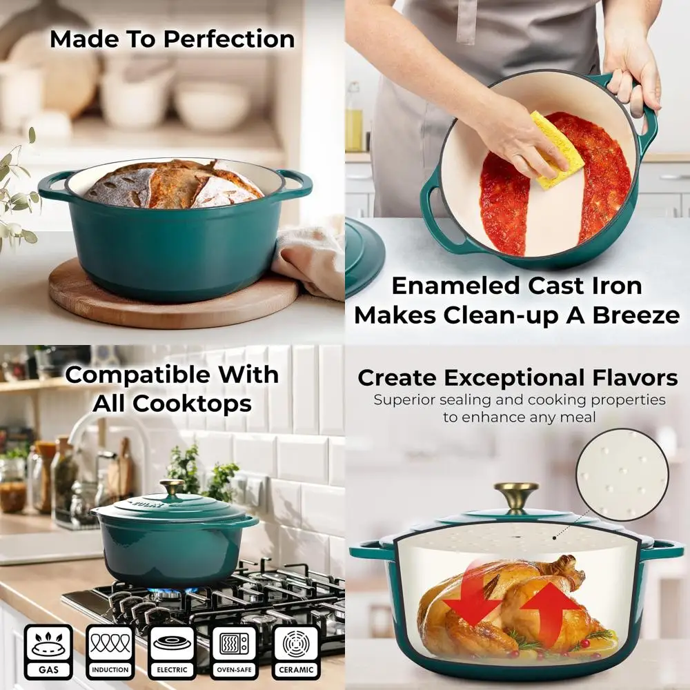 

Чугунная эмалированная кастрюля-казан на 5 кварт с крышкой — прочная, для использования в духовке до 500 градусов ° Идеально подходит для выпечки, тушения, запекания и жарки -