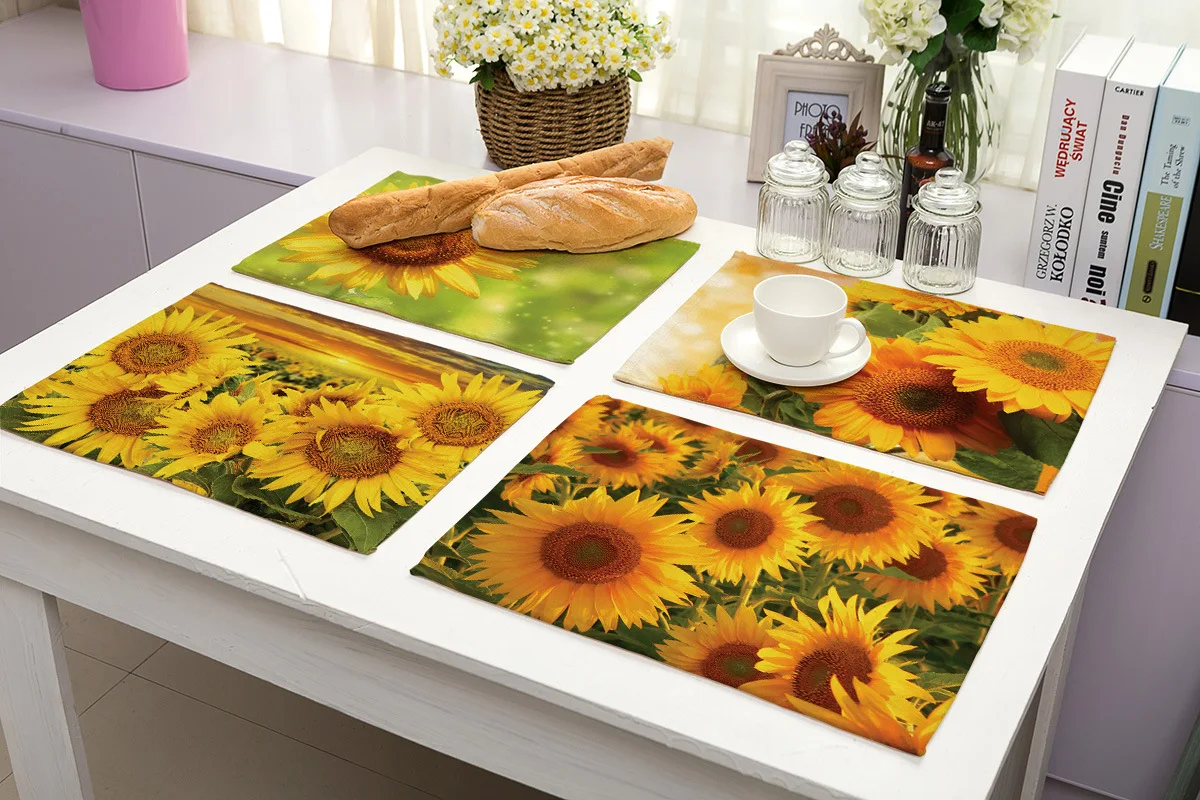 40x30cm Yellow Sunflower Kitchen Placemat Green Leaves Landscape Cotton Linen Dining Table Mat Plant Coaster Pads Home Decor