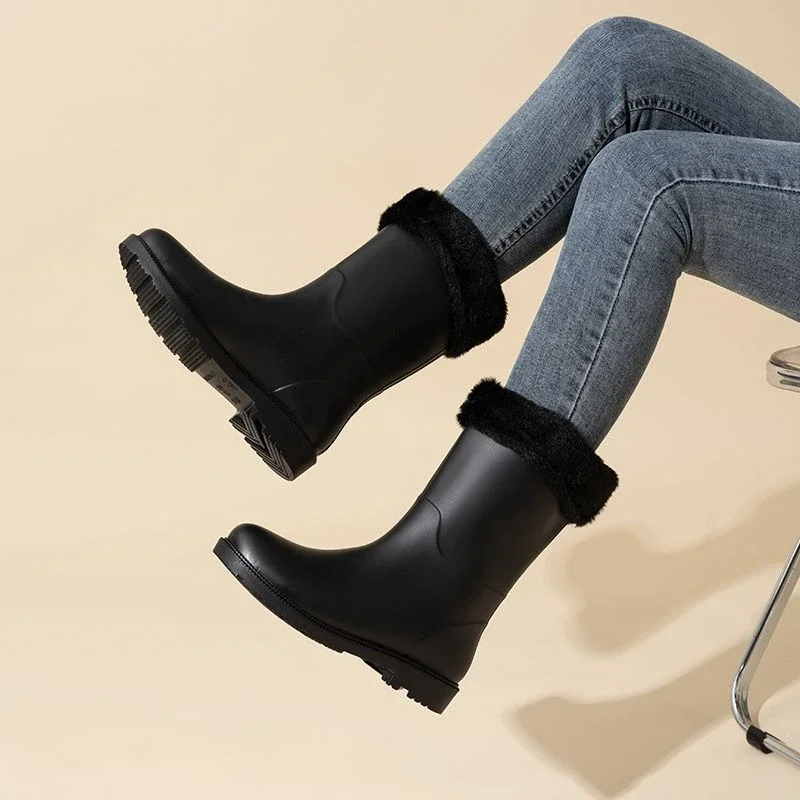 Non Slip Mid Calf Rain Boots Women Fashion Korean Style Waterproof Rubber Water Shoes Kitchen Work