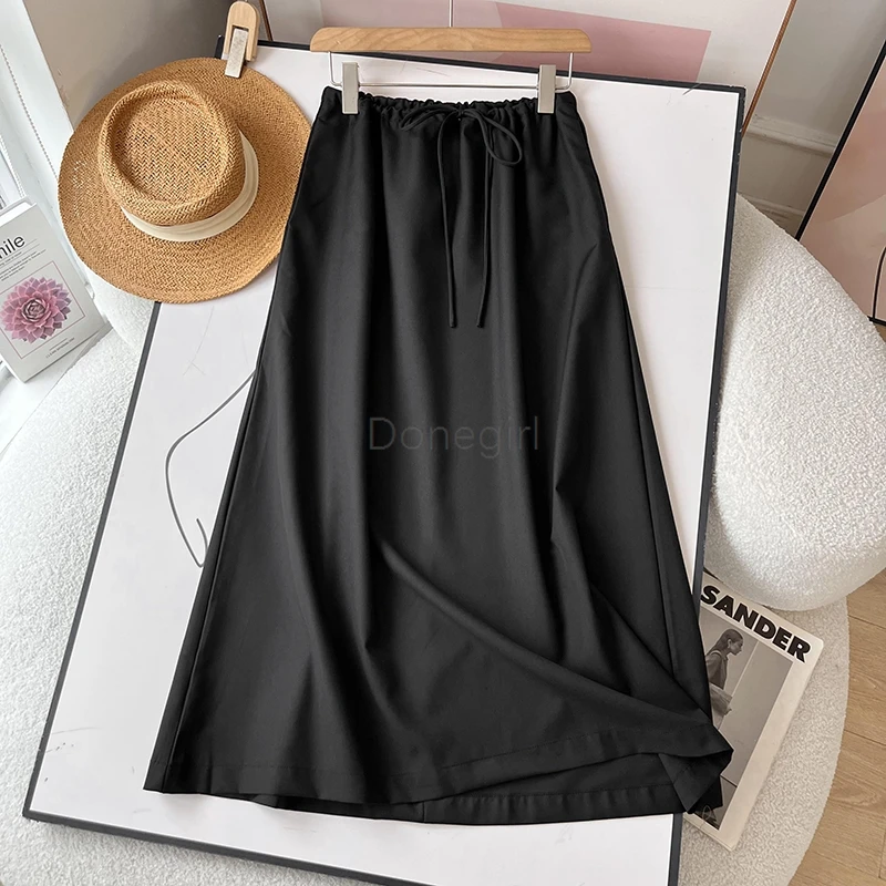 Donegirl Spring Summer 2024 New Women A-line Long Skirt Elastic High Waist Simple Casual Solid Versatile Midi Skirt Female Chic