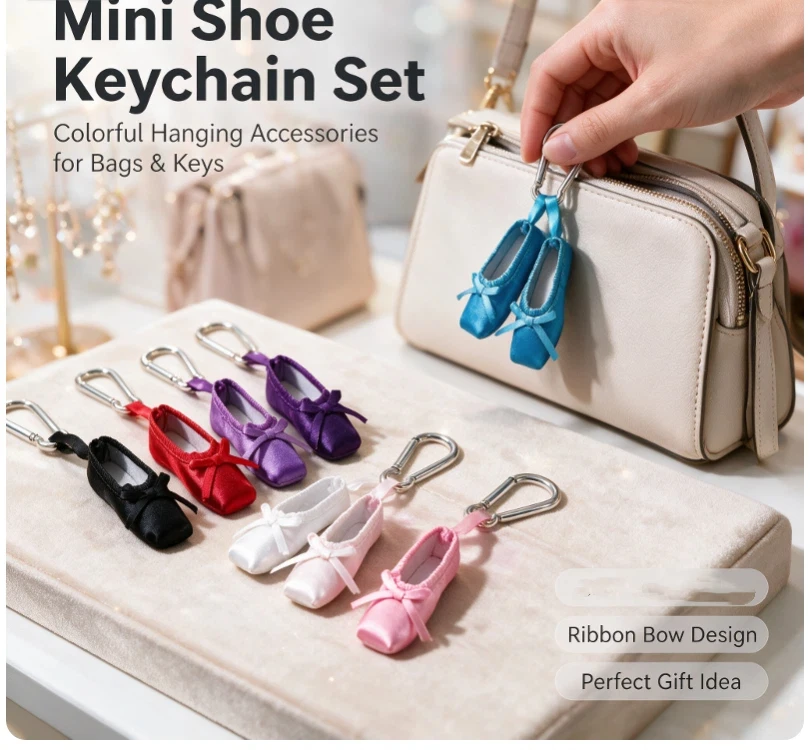 Mini Satin Ballet Shoe Keychain Adorable Realistic Pointe Shoe Charm for Backpack Pendant Christmas Gift for Girls
