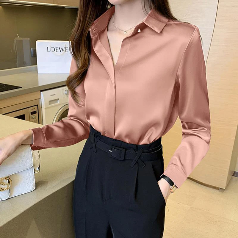 Satin Women Shirt Long Sleeve Fashion Woman Blouse Solid Top Female Shirts and Blouse Basic Button Blue Ladies Tops New