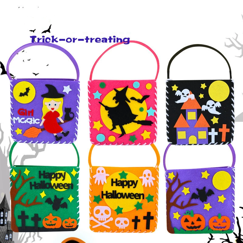 Halloween Candy Bag Artesanato Brinquedos para Crianças, Trick or Treat Bag, Handmade DIY Material, Decoração do partido, Beg Sugar Bag, Kindergarten Gifts, 3Pcs