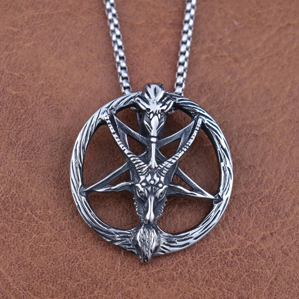 Vintage Men\'s 316L stainless Steel Satan Demon Sheep Head Pendant Gothic Baphomet Inverted Pentagram Goat Head Necklace Jewelry