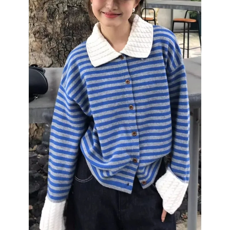 

Новый вязаный свитер, вязаный кардиган в полоску в стиле ретро, осень-зима, свободный топ контрастного цвета