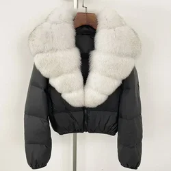 Down Coat Women Winter Real Natural Fox Fur Collar V-neck Thick Warm Duck Down Jacket Casual Short Fur Puffer Jacket Outwears